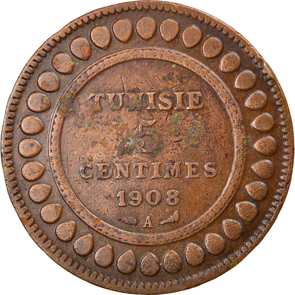 Moneta, Tunisia, Muhammad al-Nasir Bey, 5 Centimes, 1908, Paris, VF(30-35)