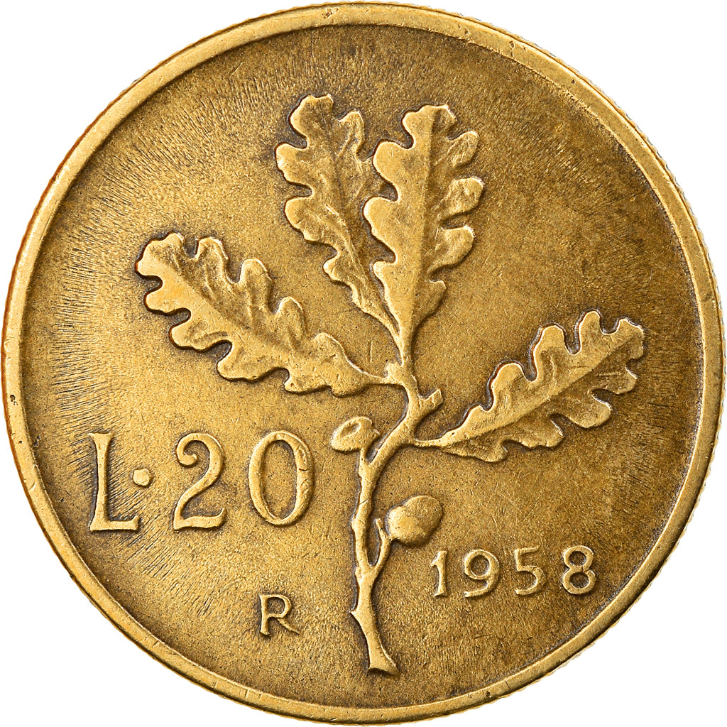 Coin, Italy, 20 Lire, 1958, Rome, AU(50-53), Aluminum-Bronze, KM:97.1