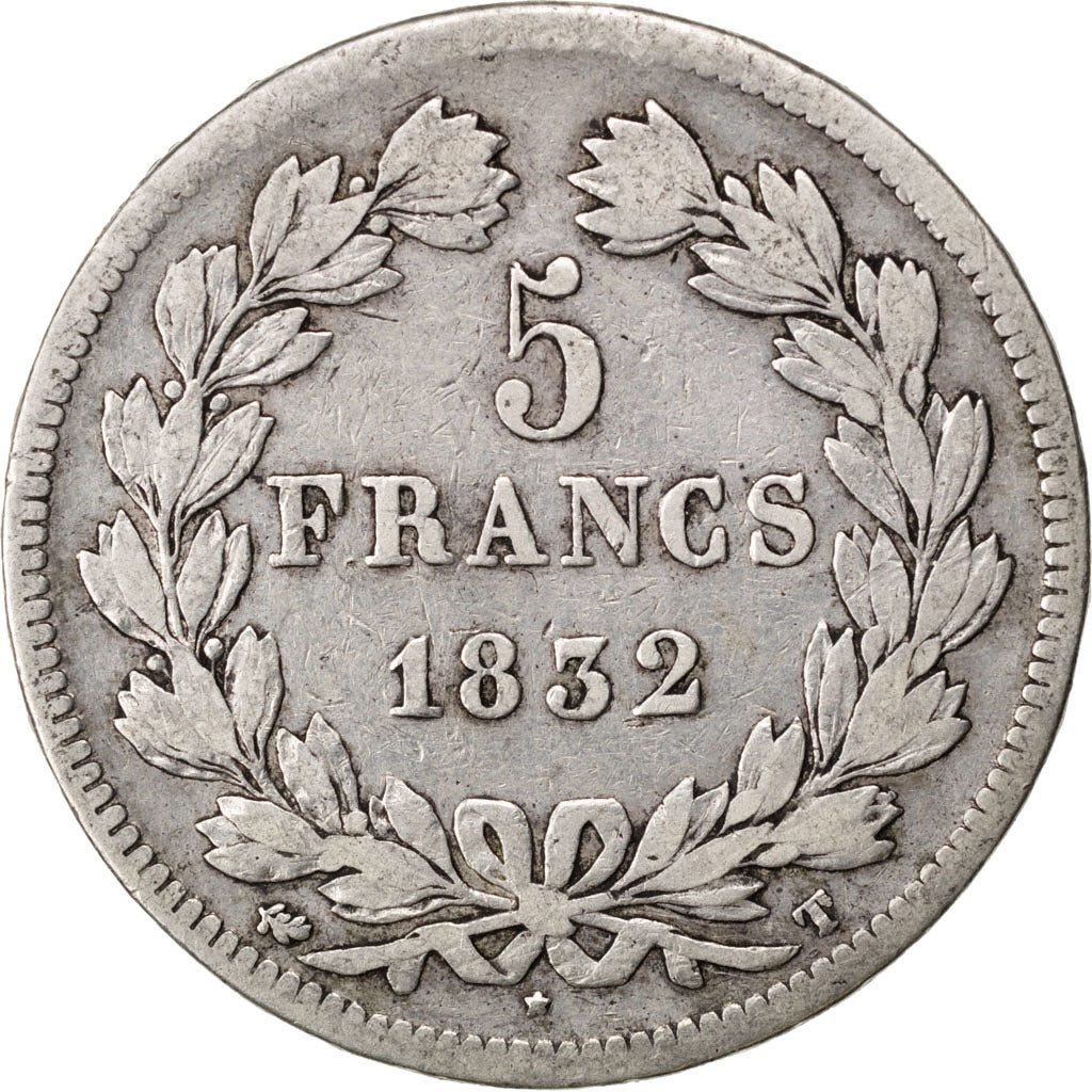 Moneta, Francia, Louis-Philippe, 5 Francs, 1832, Nantes, MB, Argento, KM:749.12
