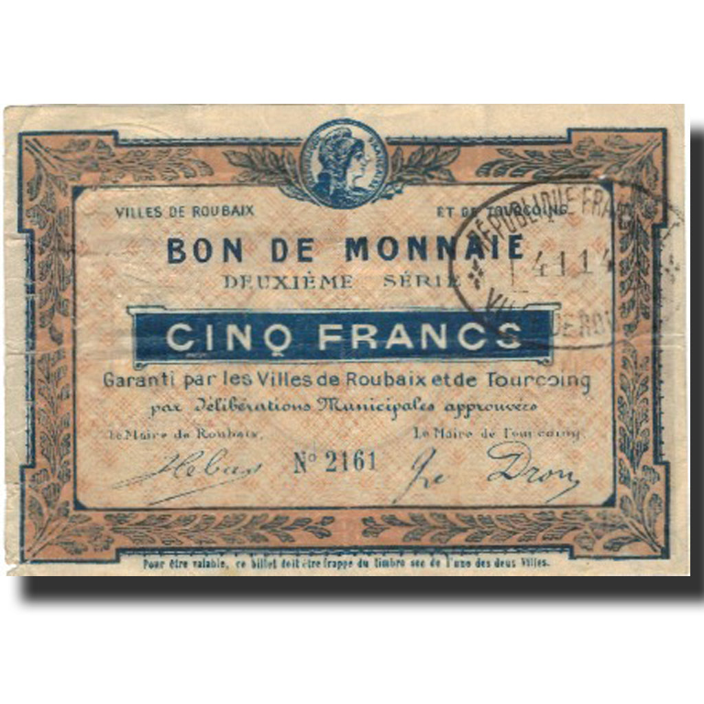 France, Roubaix et Tourcoing, 5 Francs, TB+, Pirot:59-2066