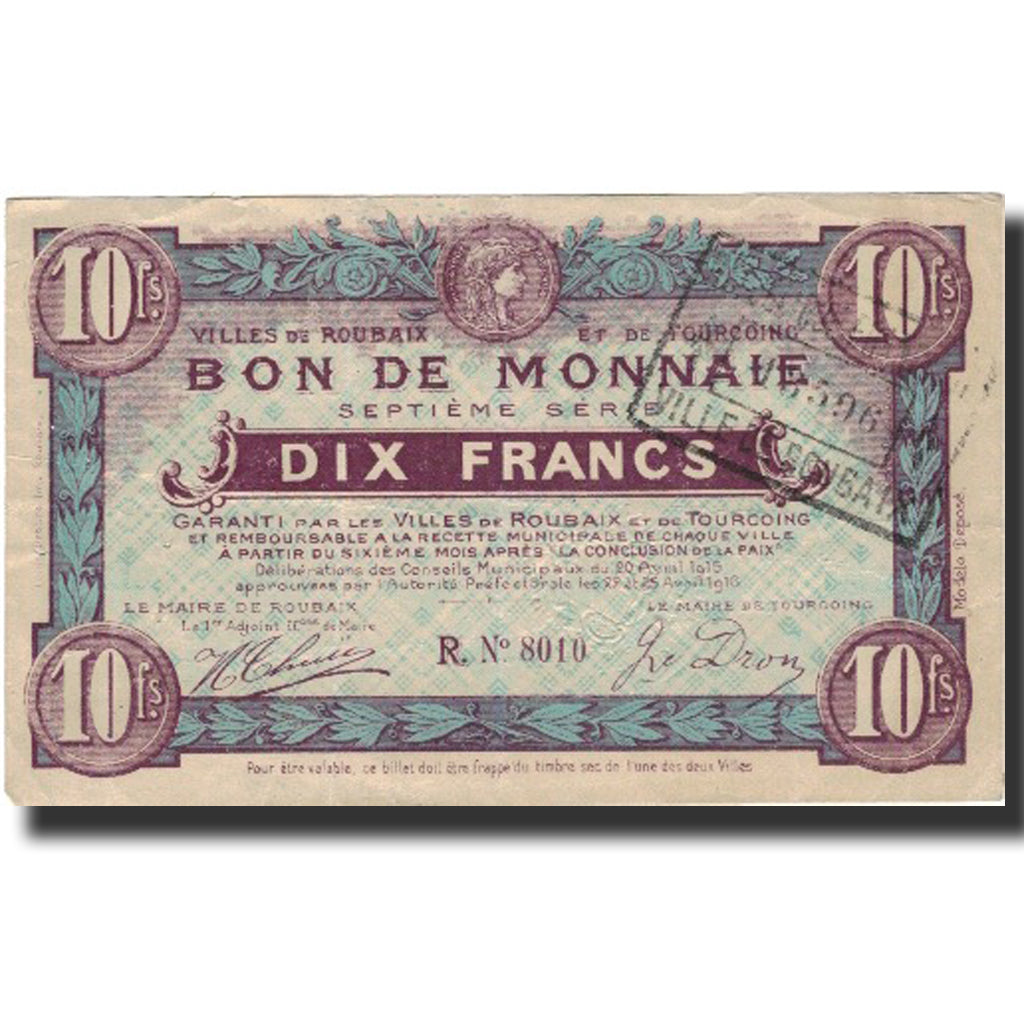 Banknote, Pirot:59-2089, 10 Francs, 1916, France, EF(40-45), Roubaix et