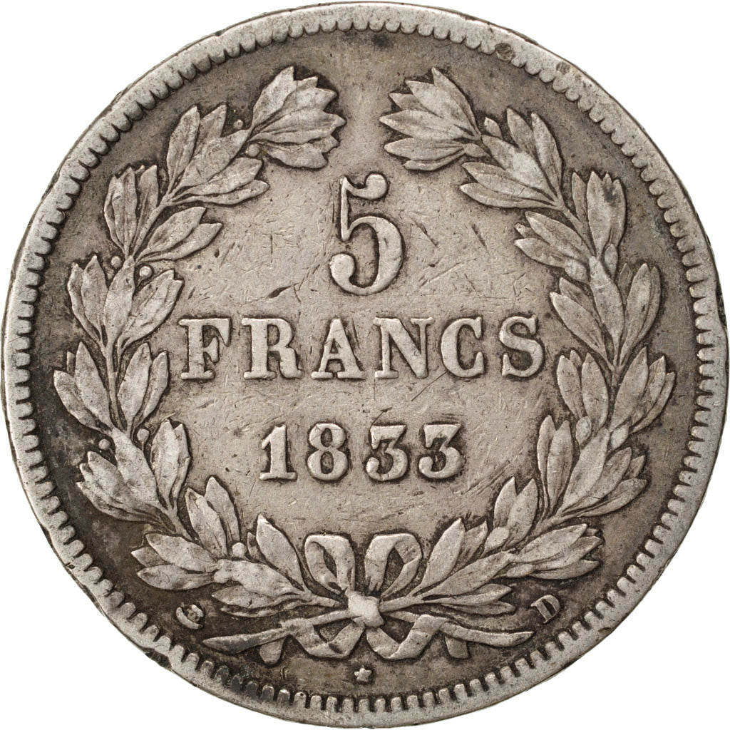 Coin, France, Louis-Philippe, 5 Francs, 1833, Lyon, VF(20-25), Silver