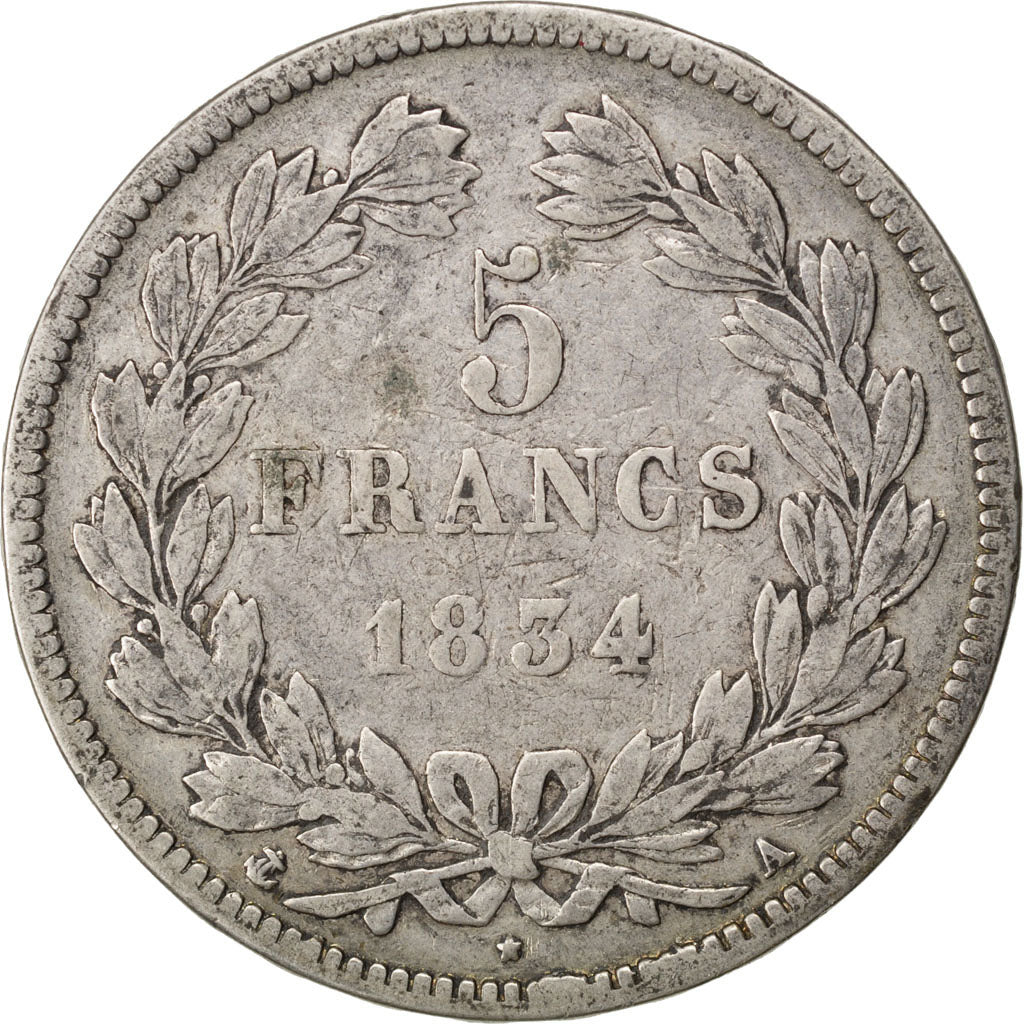 Münze, Frankreich, Louis-Philippe, 5 Francs, 1834, Paris, S+, Silber, KM:749.1