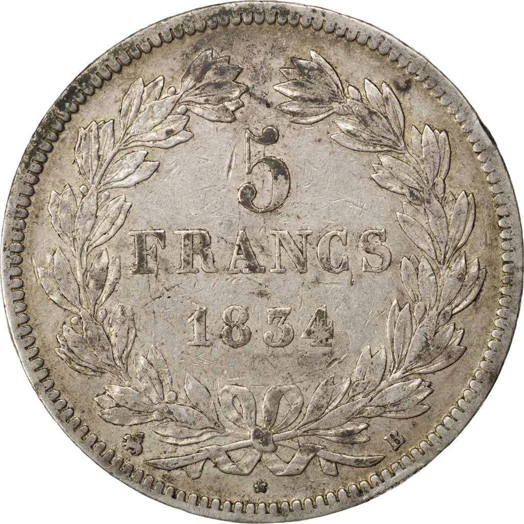 Coin, France, Louis-Philippe, 5 Francs, 1834, Rouen, EF(40-45), Silver