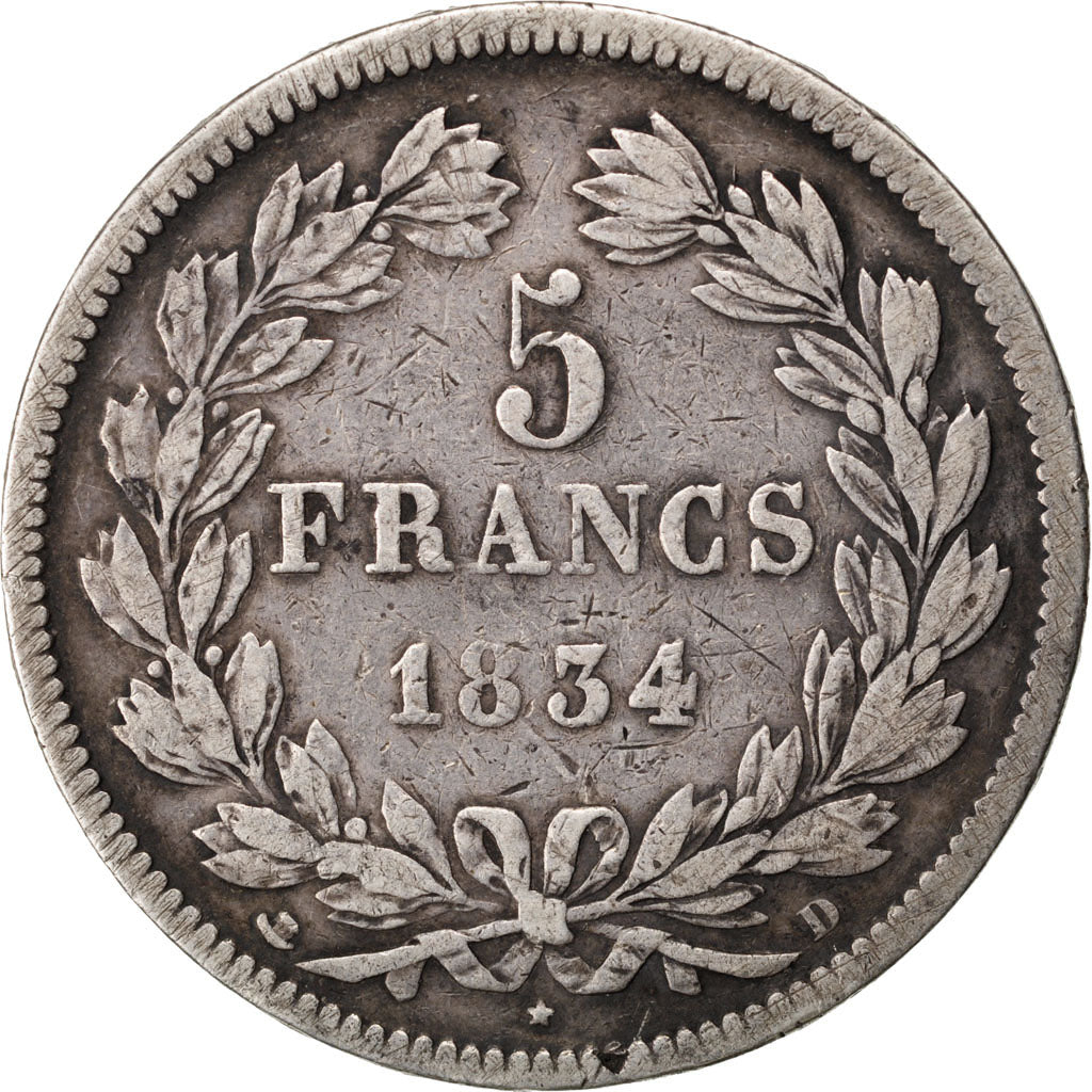 Coin, France, Louis-Philippe, 5 Francs, 1834, Lyon, VF(20-25), Silver, KM:749.4