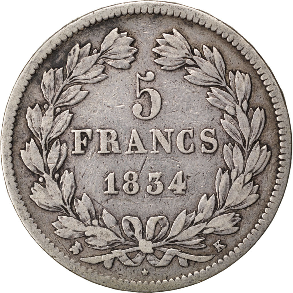 Moneta, Francia, Louis-Philippe, 5 Francs, 1834, Bordeaux, MB, Argento