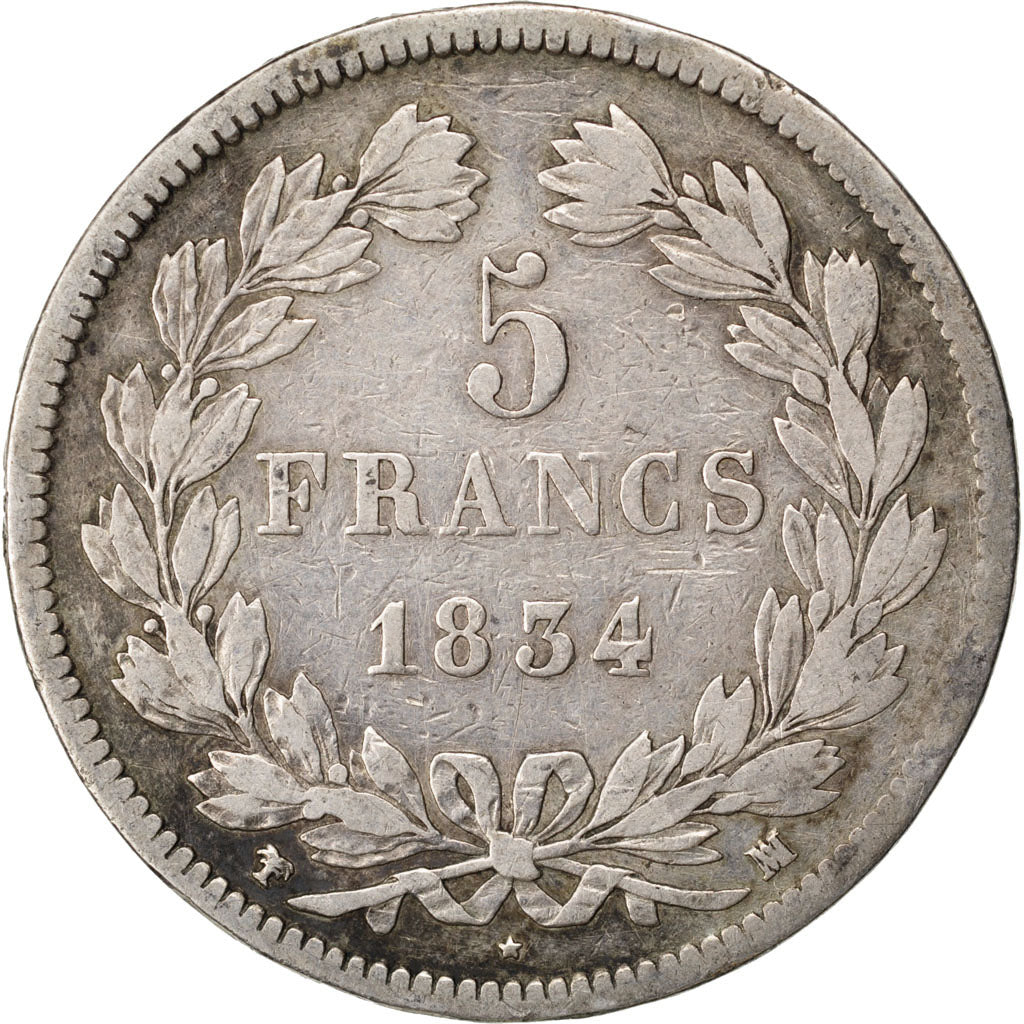 Moneta, Francia, Louis-Philippe, 5 Francs, 1834, Marseille, MB+, Argento