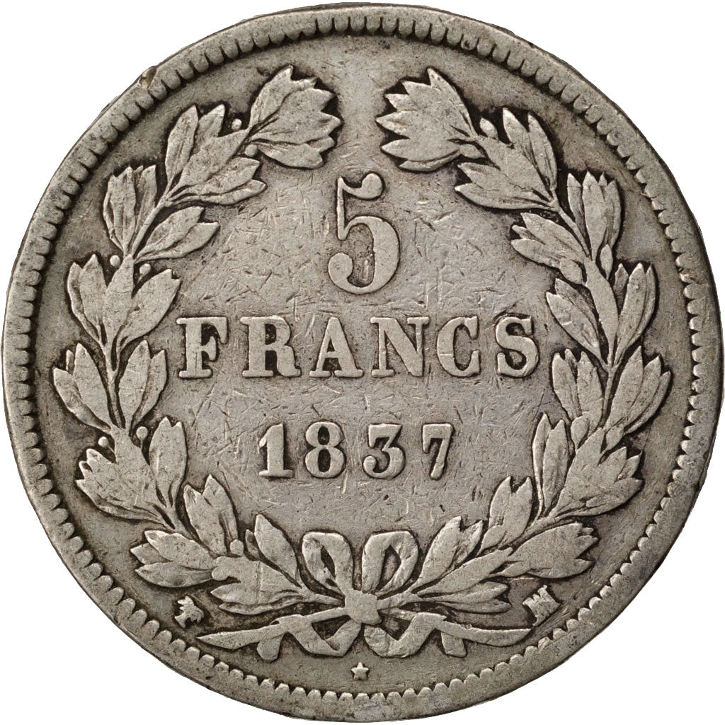 Monnaie, France, Louis-Philippe, 5 Francs, 1837, Marseille, TB+, Argent