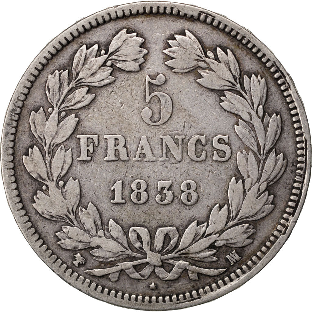 Moneta, Francia, Louis-Philippe, 5 Francs, 1838, Marseille, MB+, Argento