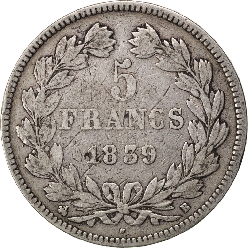 Moneta, Francia, Louis-Philippe, 5 Francs, 1839, Rouen, MB, Argento, KM:749.2