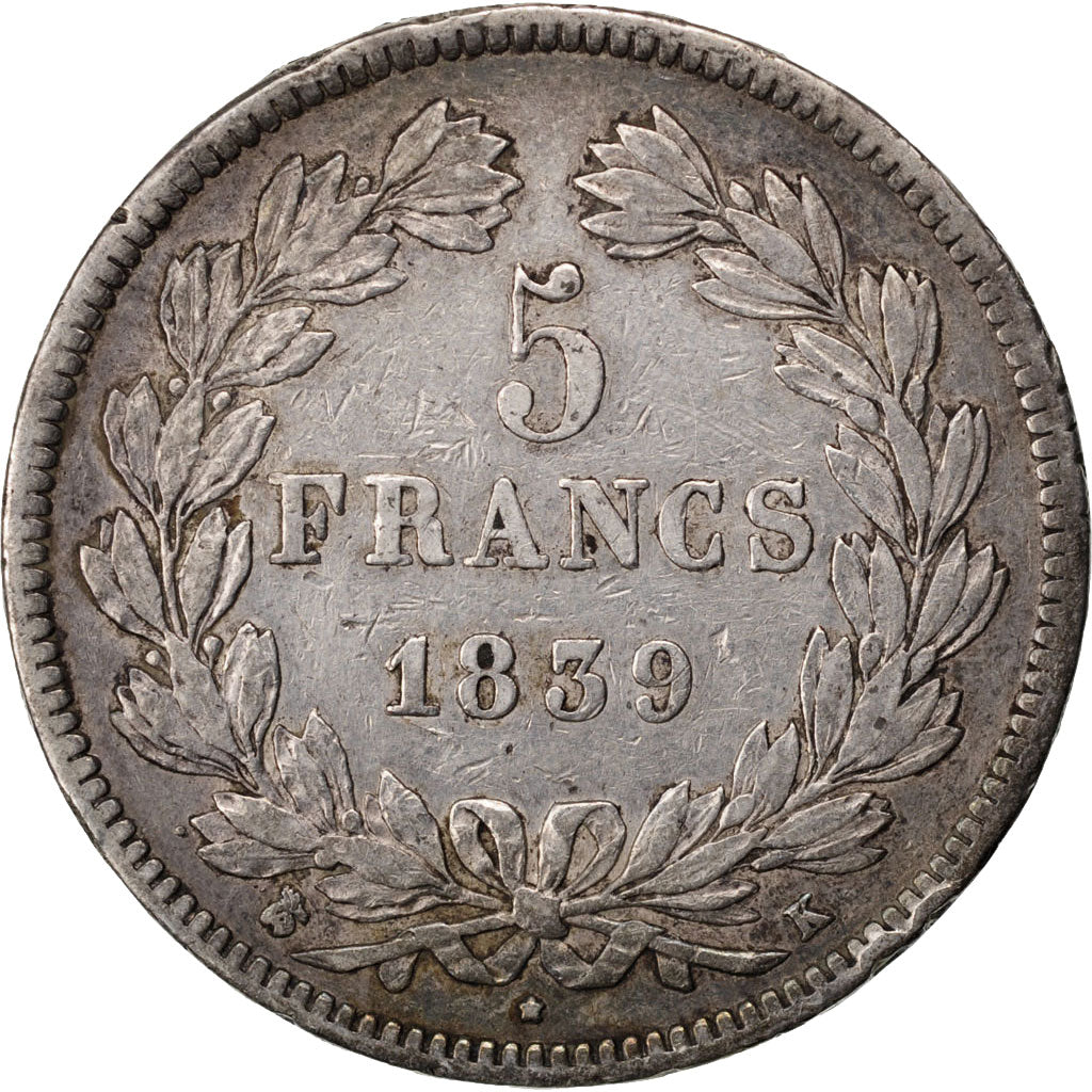 Moneda, Francia, Louis-Philippe, 5 Francs, 1839, Bordeaux, MBC, Plata