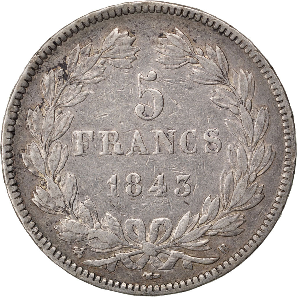 Moneta, Francia, Louis-Philippe, 5 Francs, 1843, Rouen, MB+, Argento, KM:749.2