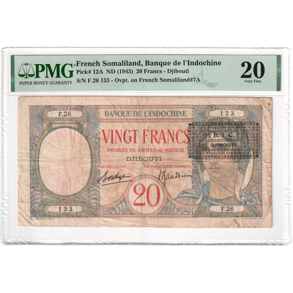 Côte française des Somalis, 20 Francs, VF 20, PMG