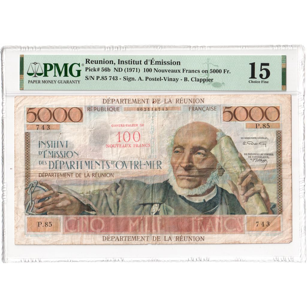 Réunion, 100 Nouveaux Francs on 5000 Francs, P.85, F 15, PMG