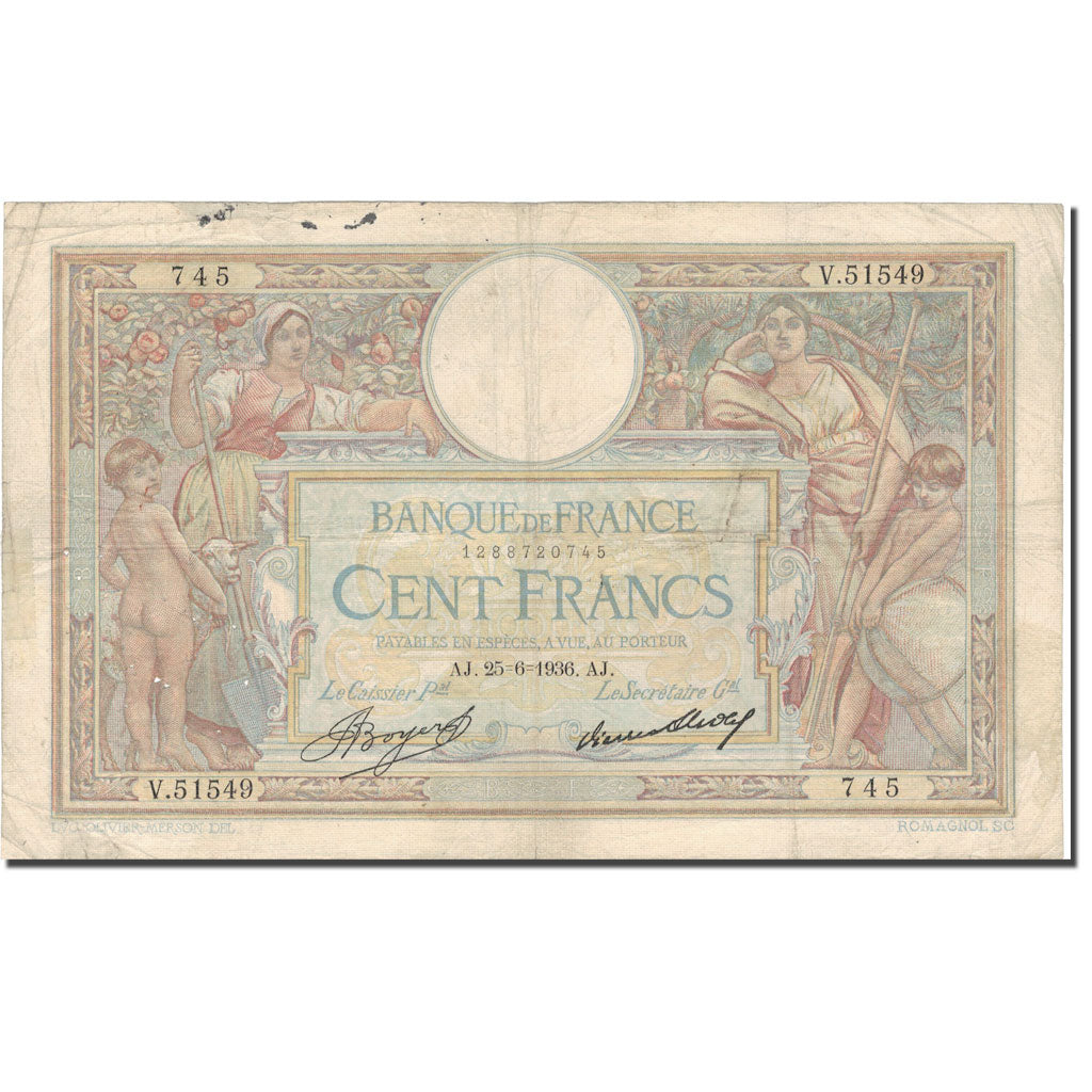 Francia, 100 Francs, Luc Olivier Merson, 1936, 1936-06-25, MB+, Fayette:24.15