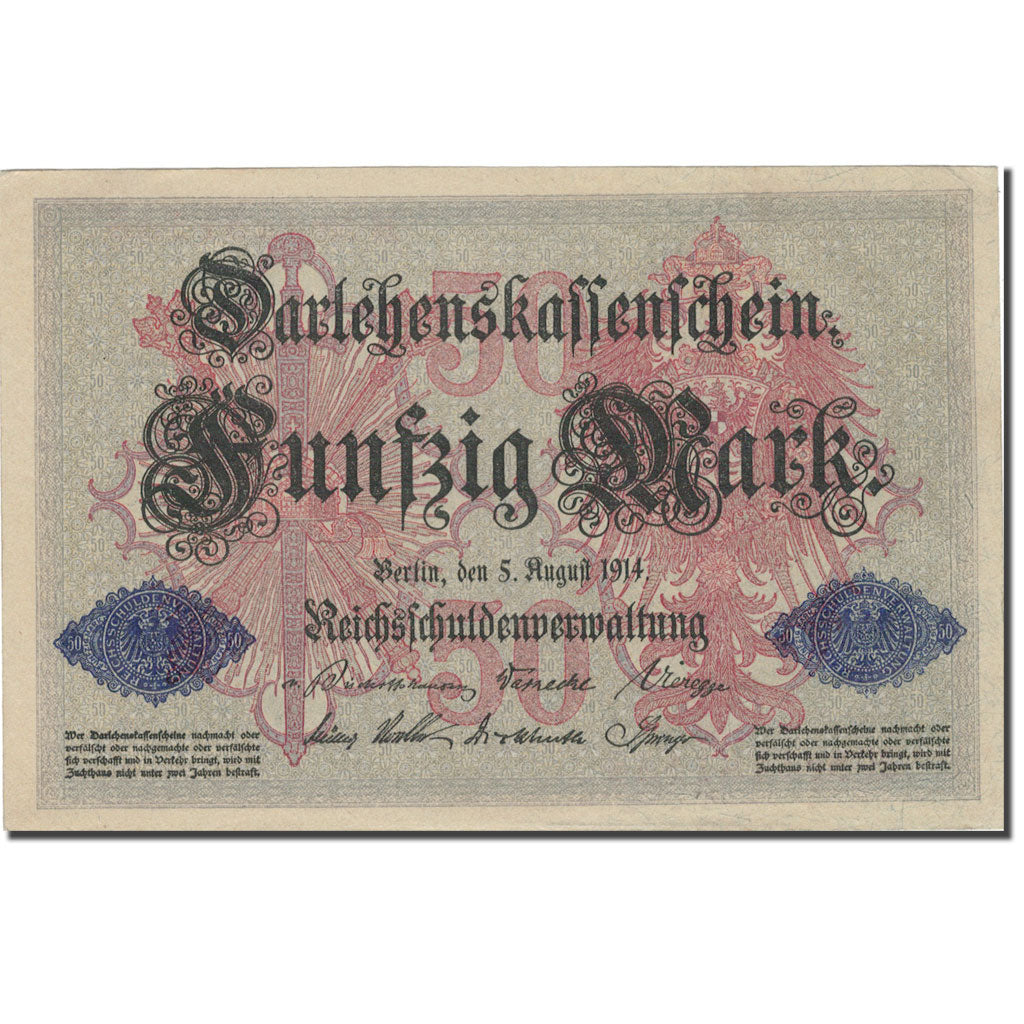 Nota, Alemanha, 50 Mark, 1914, 1914-08-05, KM:49b, AU(50-53)