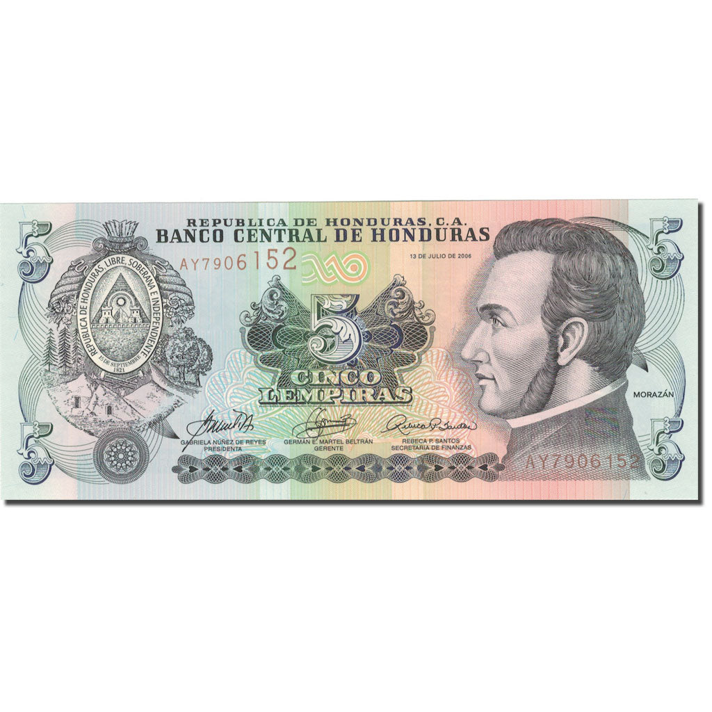 Geldschein, Honduras, 5 Lempiras, 2006, 2006-07-13, KM:91a, UNZ