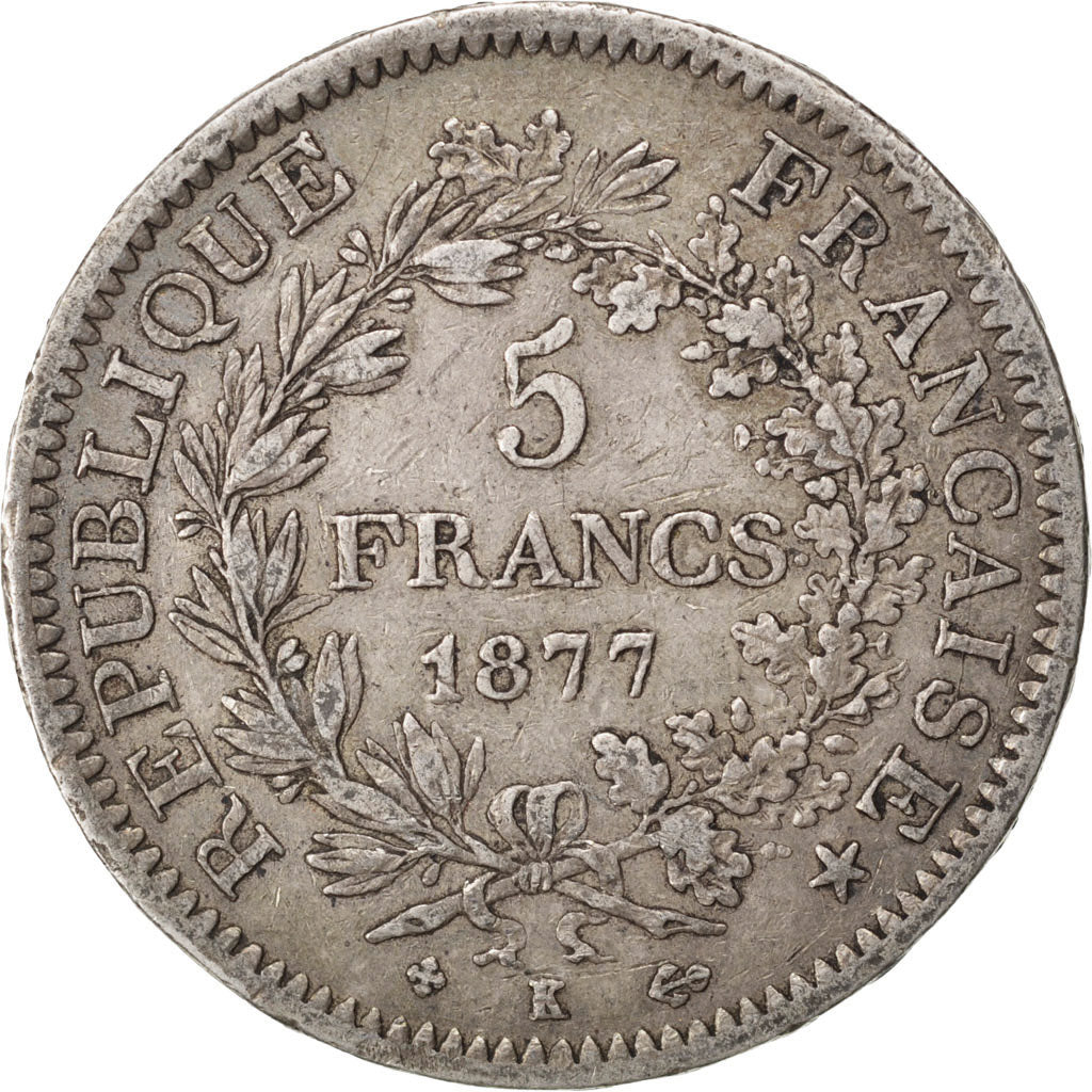 Moneta, Francja, Hercule, 5 Francs, 1877, Bordeaux, VF(30-35), Srebro, KM:820.2