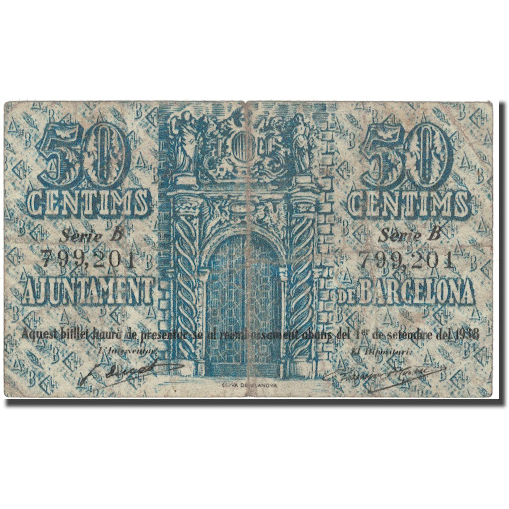 Banconote, Spagna, 50 Centimes, Ajuntament, 1937, 1937, MB