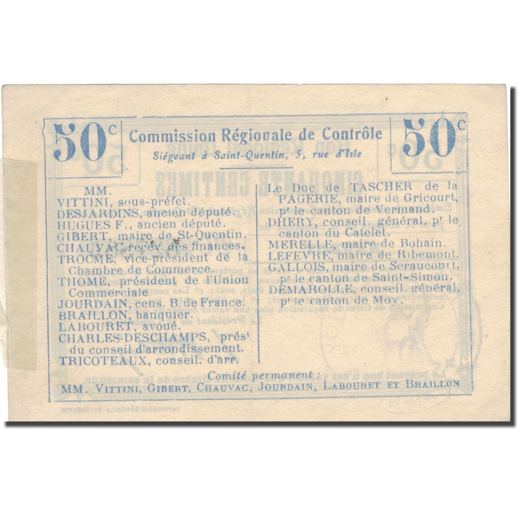 France, Saint-Quentin, 50 Centimes, AU(55-58), Pirot:02-1949