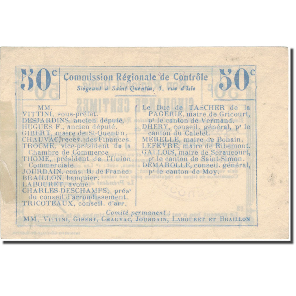 France, Saint-Quentin, 50 Centimes, AU(55-58), Pirot:02-1949
