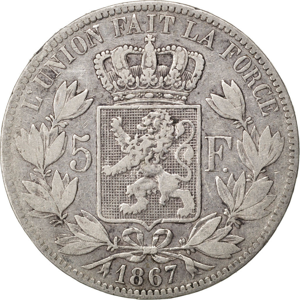 Moneta, Belgia, Leopold II, 5 Francs, 5 Frank, 1867, VF(30-35), Srebro, KM:24