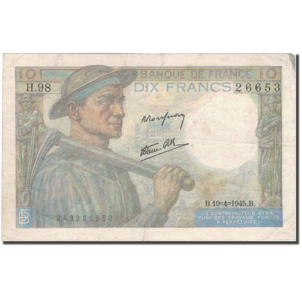 France, 10 Francs, Mineur, 1945, 1945-04-19, VF(20-25), Fayette:8.13, KM:99b