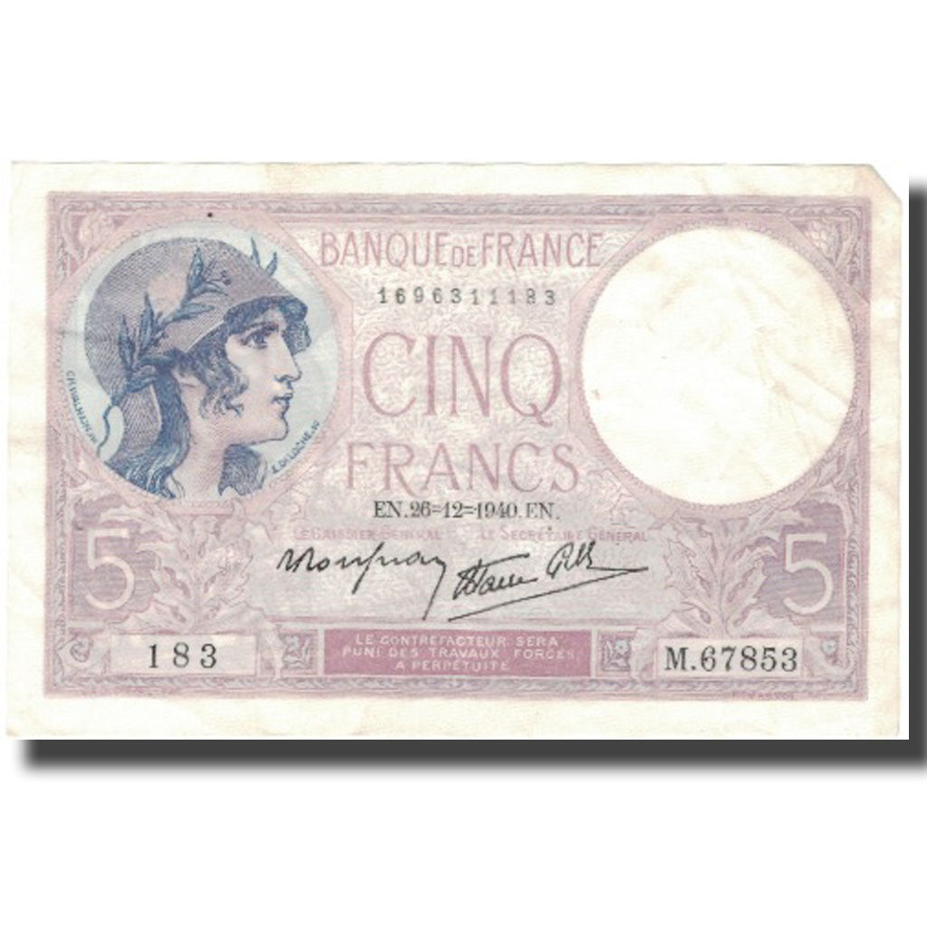France, 5 Francs, Violet, 1940, 1940-12-26, TTB+, Fayette:4.18, KM:83