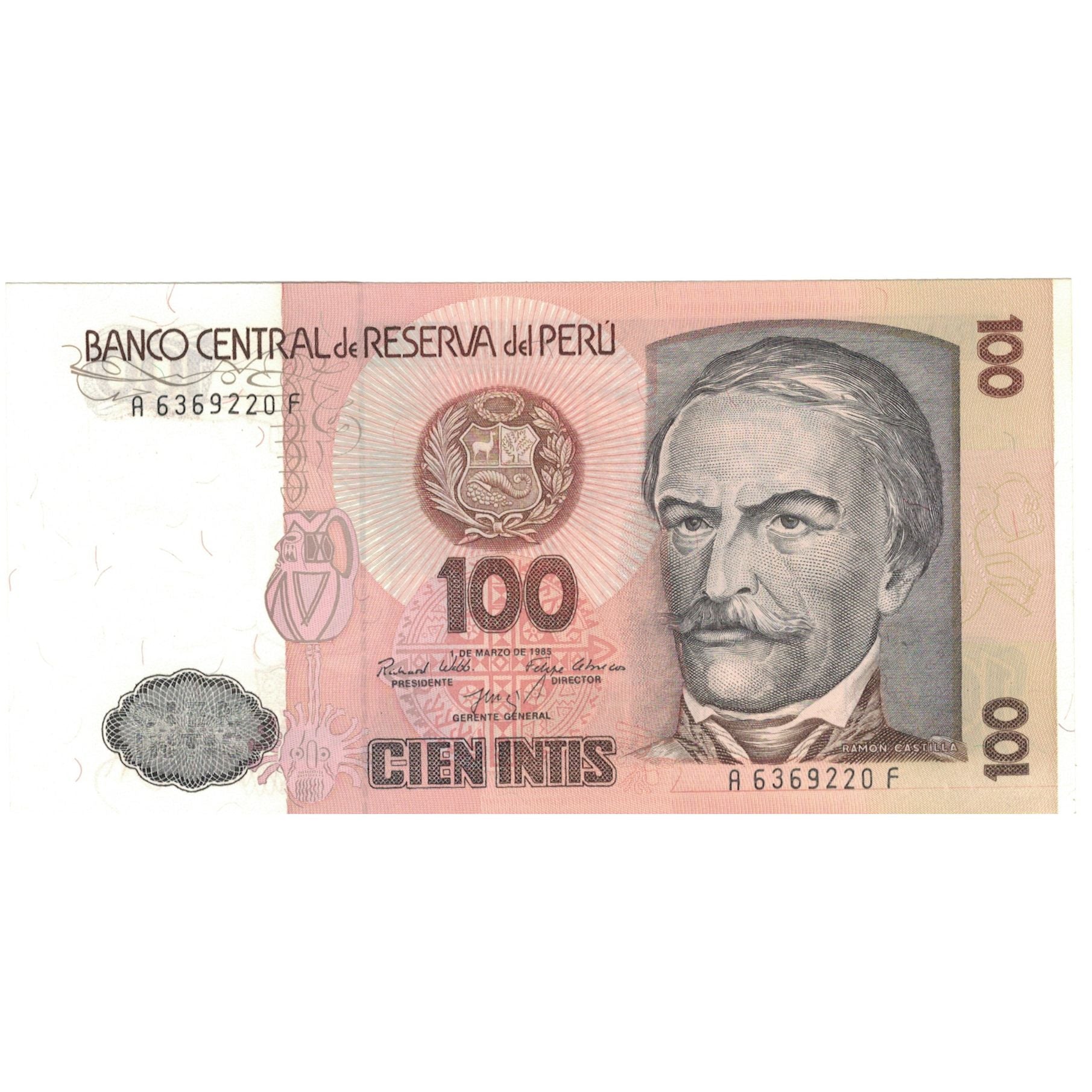 Billet, Pérou, 100 Intis, 1985, 1985-02-01, KM:132a, SPL+