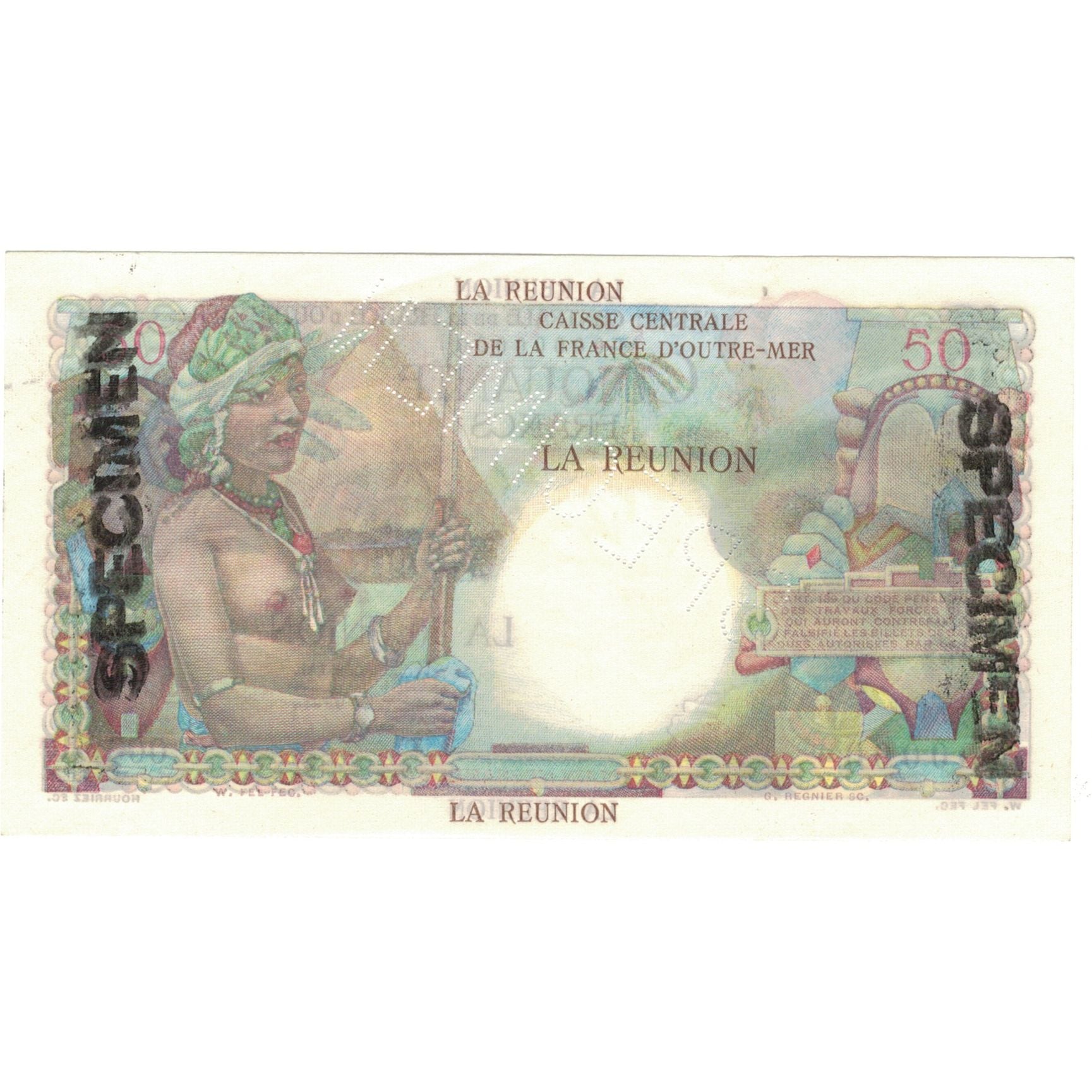 Réunion, 50 Francs, Specimen, UNC 65 EPQ, PMG