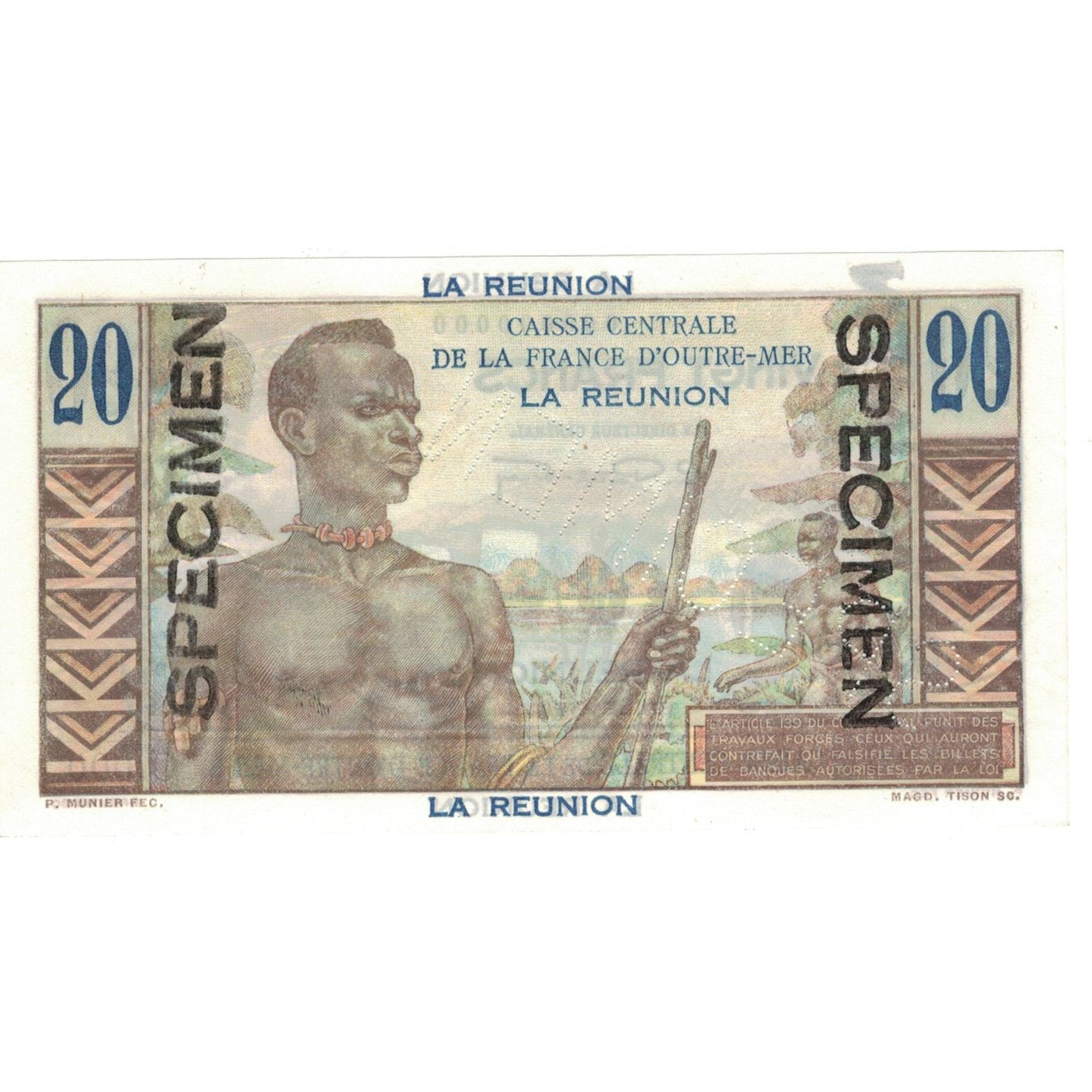 Réunion, 20 Francs, Specimen, UNC 67 EPQ, PMG