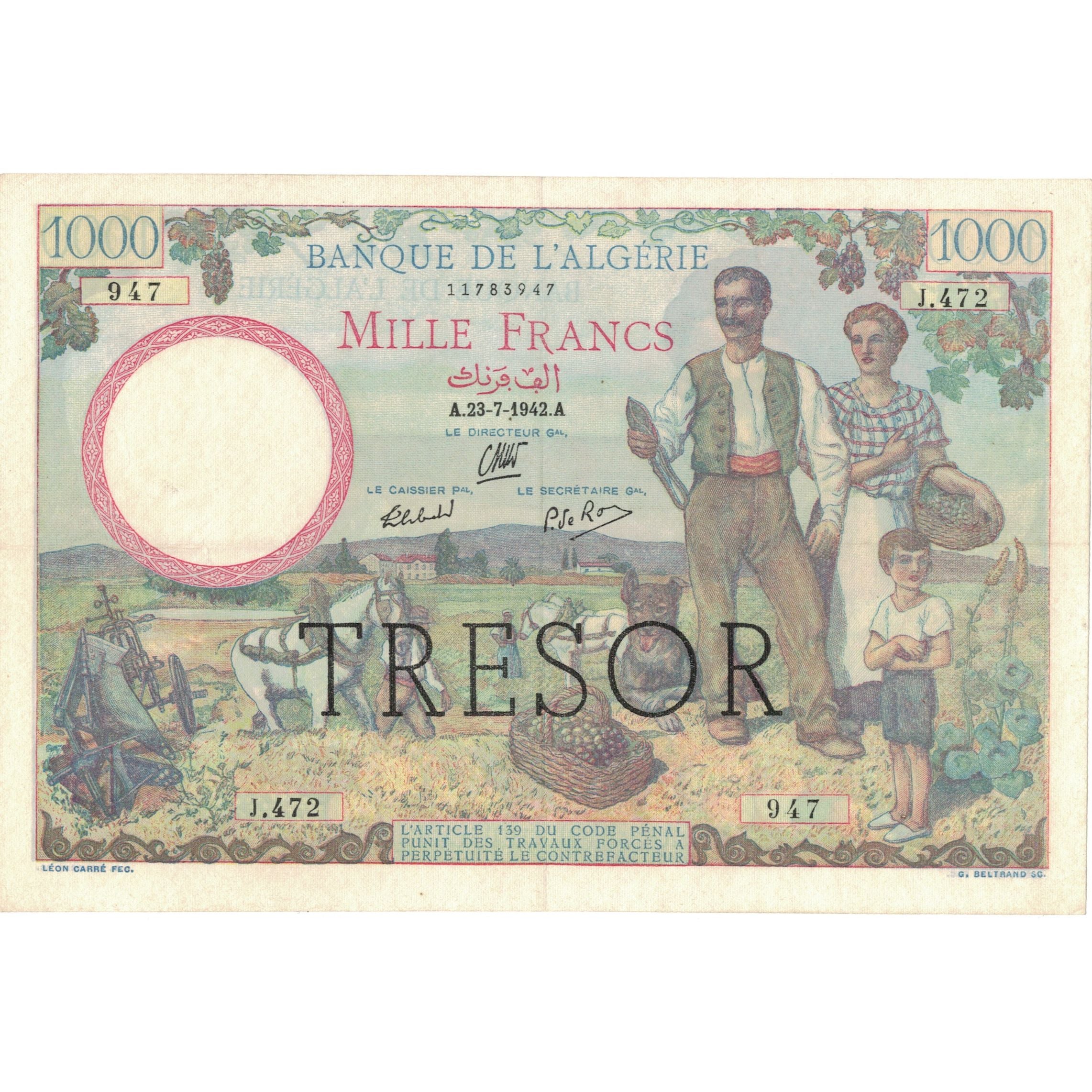 Algeria, 1000 Francs, 1942-07-23, EF 45, PMG