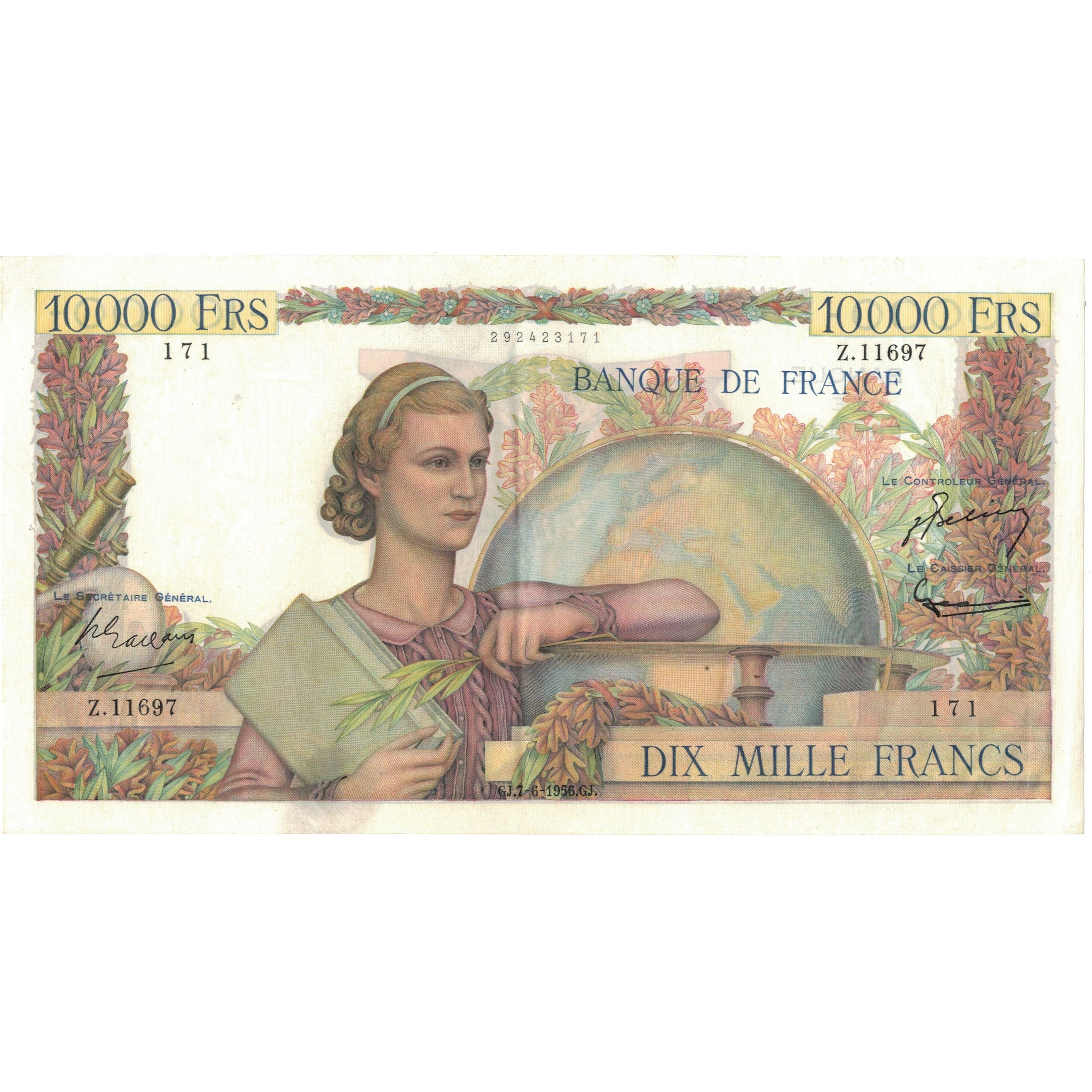 Francia, 10,000 Francs, 1956-06-07, Z.11697, AU 50, PMG