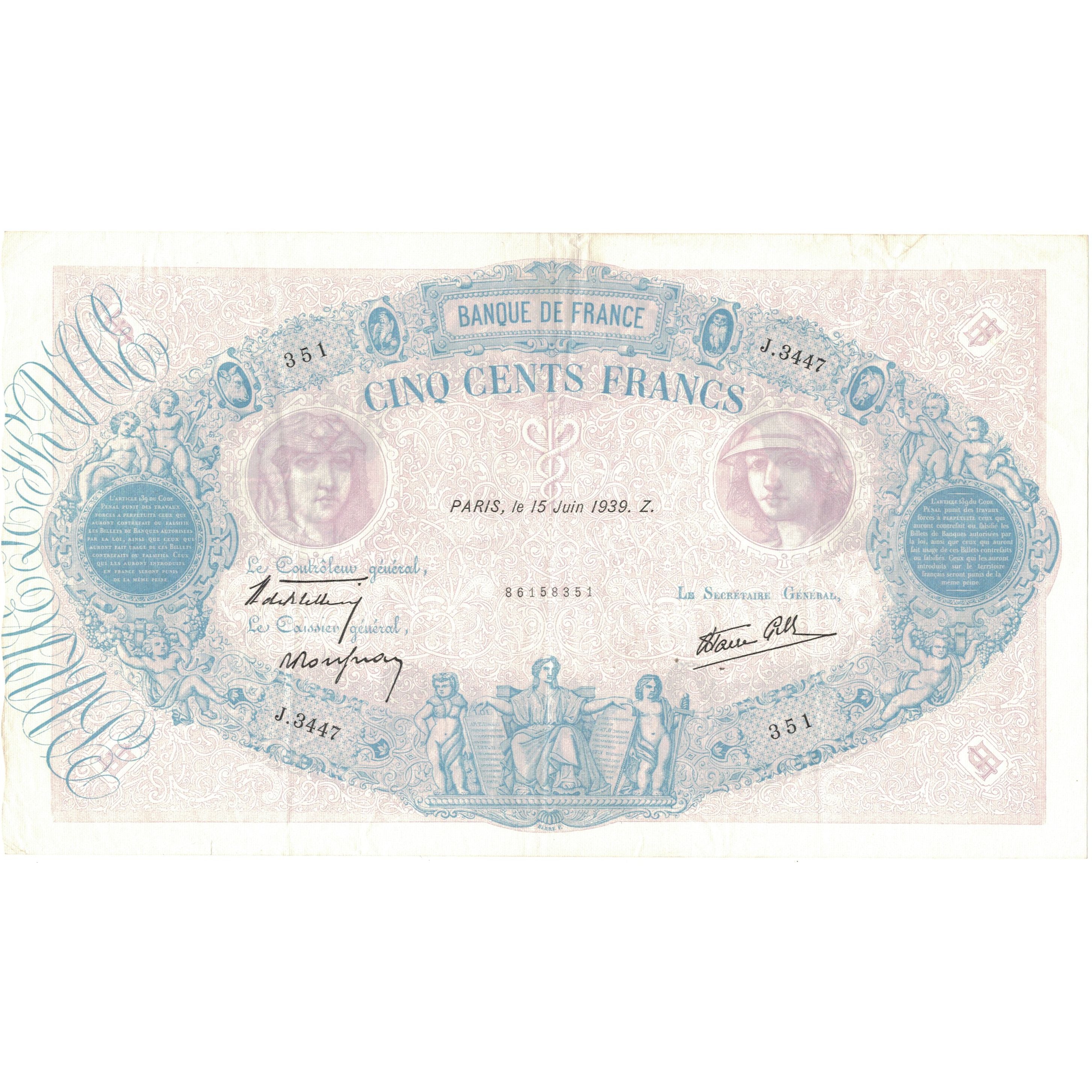 Francia, 500 Francs, Bleu et Rose, 1939, J.3447351, SC, Fayette:31.35, KM:88c