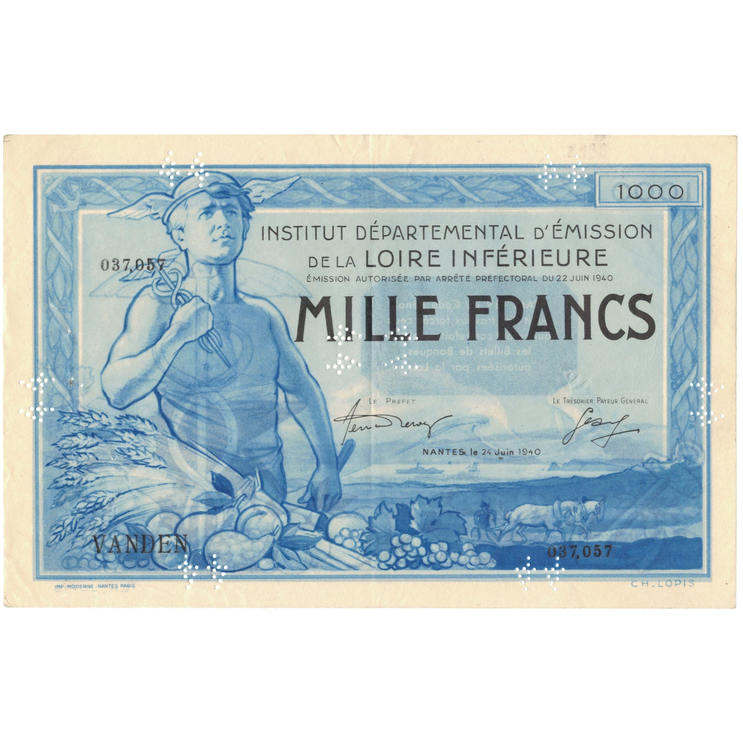 França, 1000 Francs, 1940-06-24, AU(50-53)