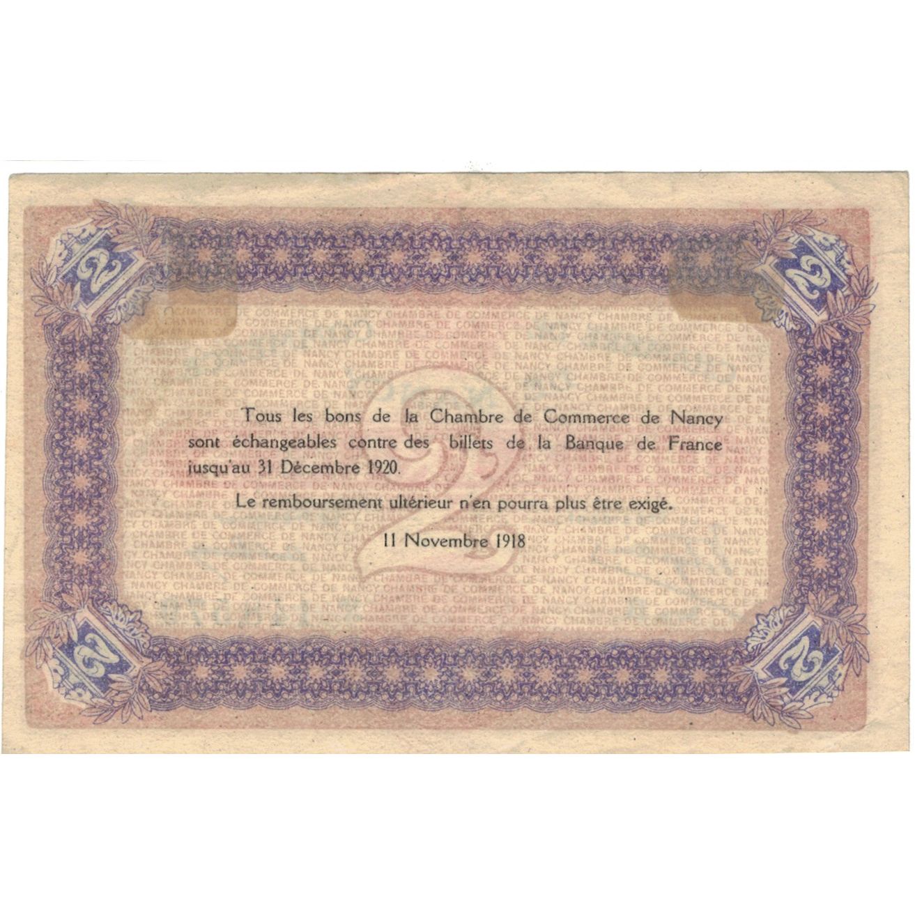 Frankrijk, Nancy, 2 Francs, 1918, Chambre de Commerce, TTB, Pirot:87-25
