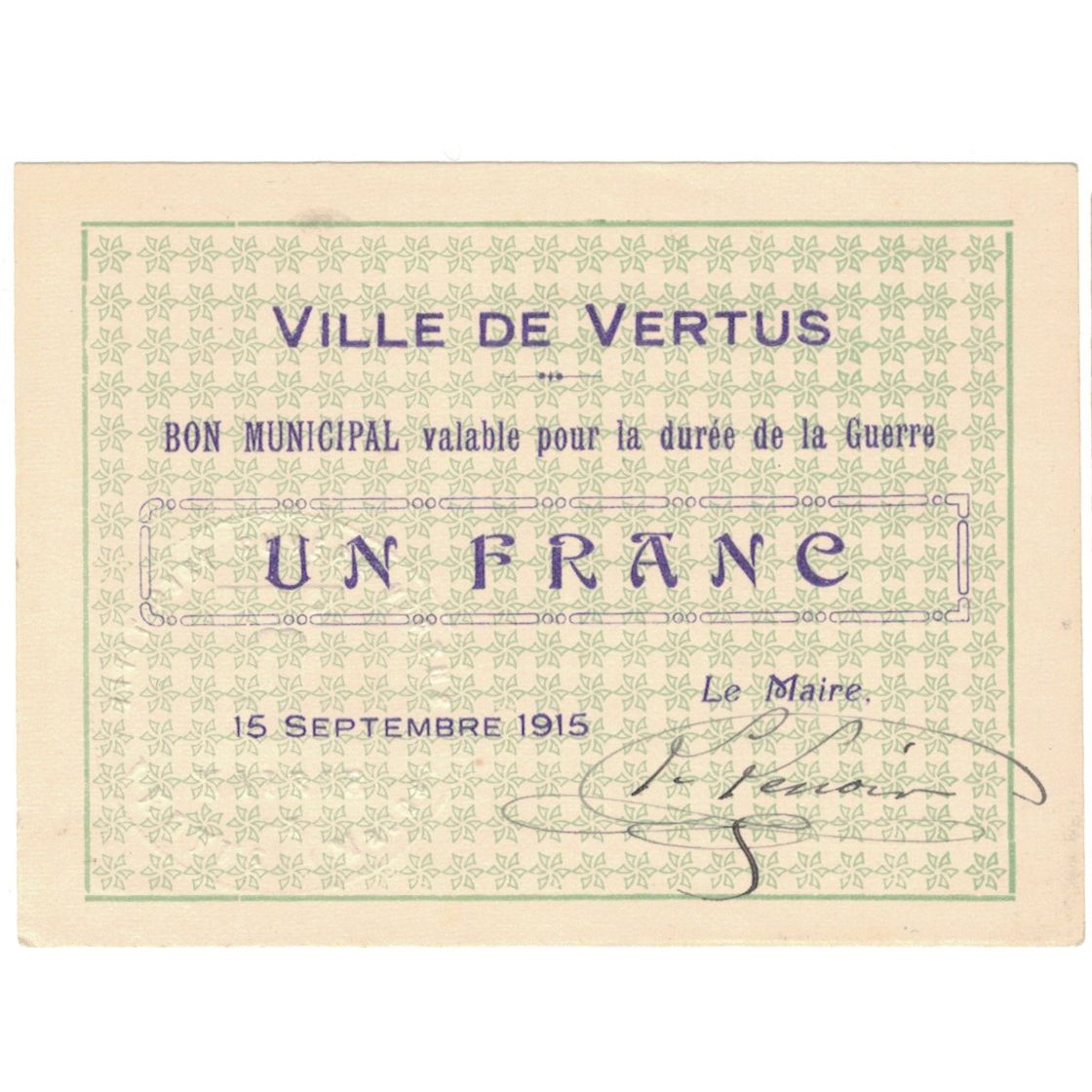 France, Vertus, 1 Franc, 1915, Bon Municipal., SUP, Pirot:51-52