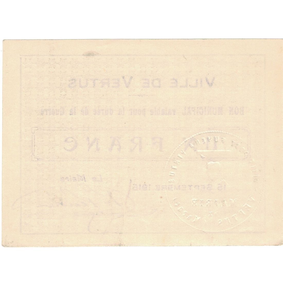 France, Vertus, 1 Franc, 1915, Bon Municipal., SUP, Pirot:51-52