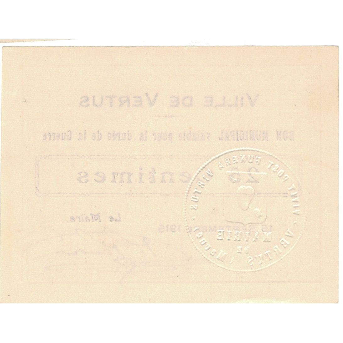 France, Vertus, 1 Franc, 1915, Bon Municipal., AU(55-58), Pirot:51-52
