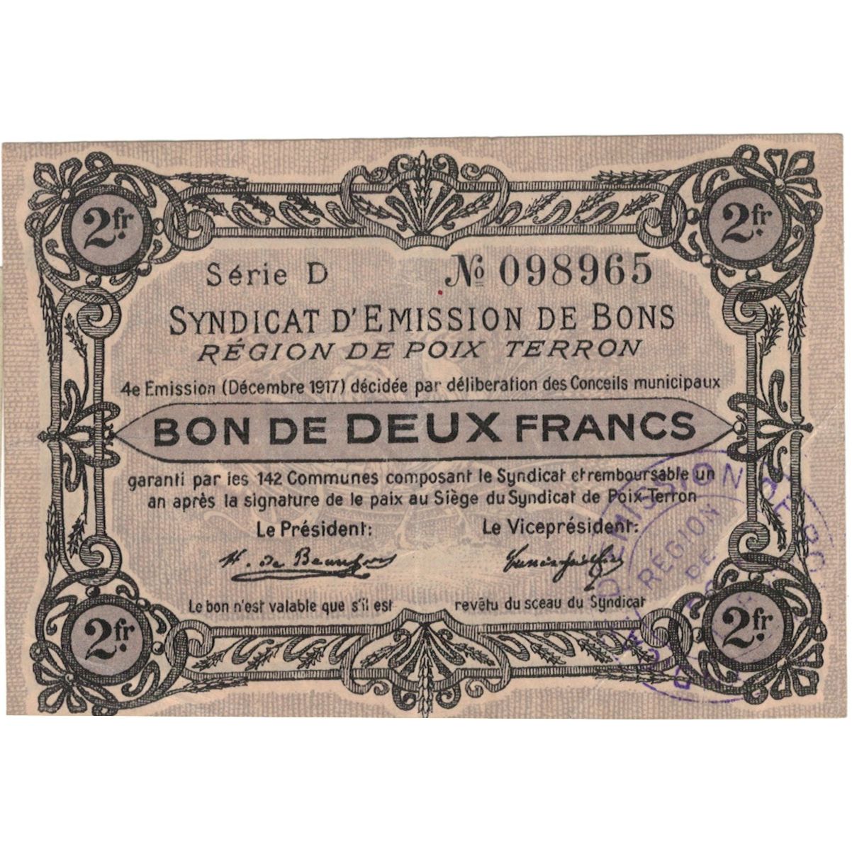 Francja, Poix-Terron, 2 Francs, 1917, Syndicat d'émission / Bon de, AU(55-58)