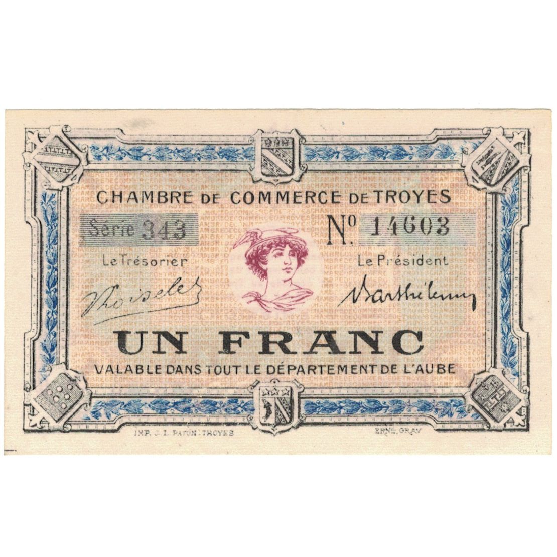 France, Troyes, 1 Franc, 1918, Chambre de Commerce, UNC(60-62), Pirot:124-10