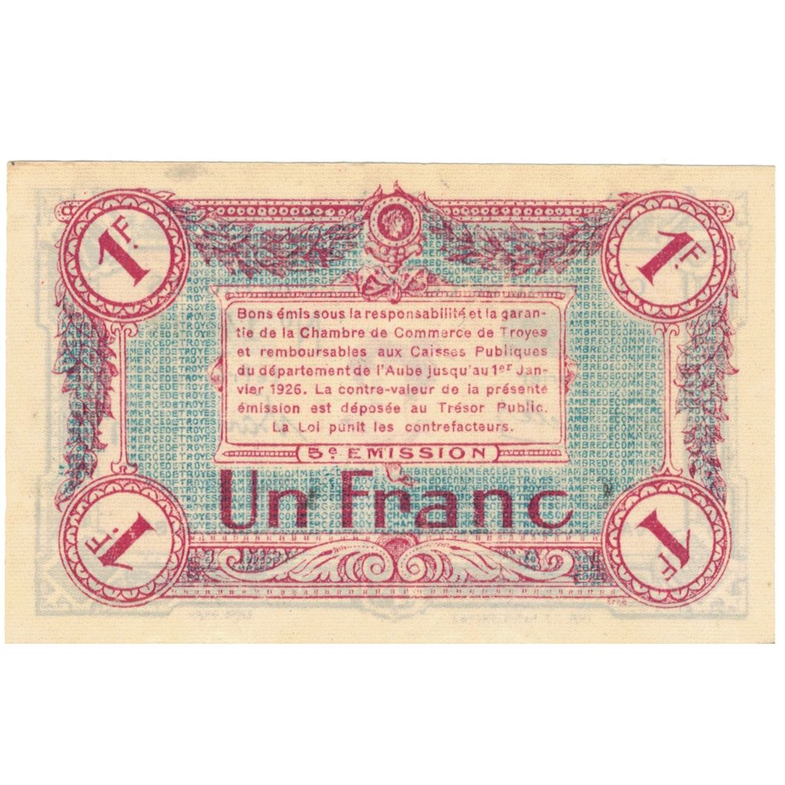 France, Troyes, 1 Franc, 1918, Chambre de Commerce, UNC(60-62), Pirot:124-10