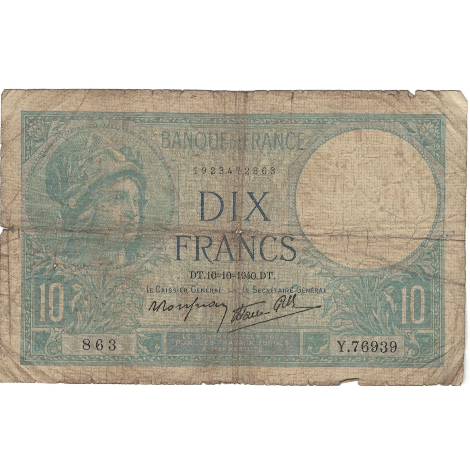 Francia, 10 Francs, Minerve, 1940, 863 Y.76939, B, Fayette:7.16, KM:84