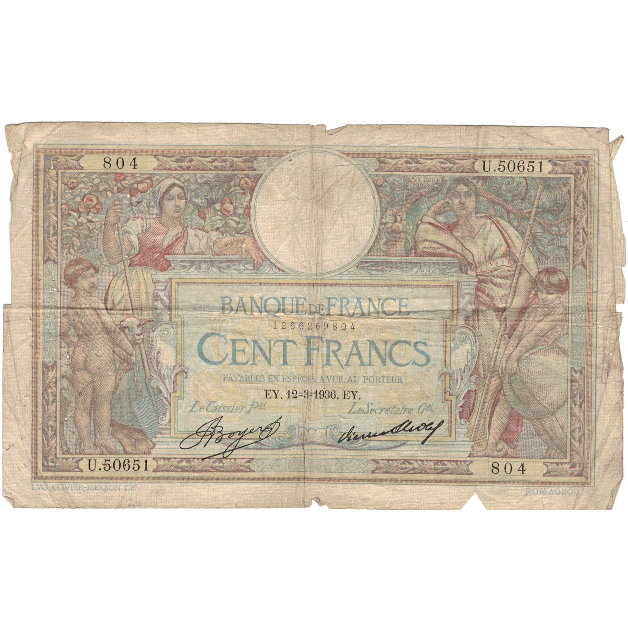 Francia, 100 Francs, 1936, U.50651 804, D+, Fayette:24.15, KM:78b