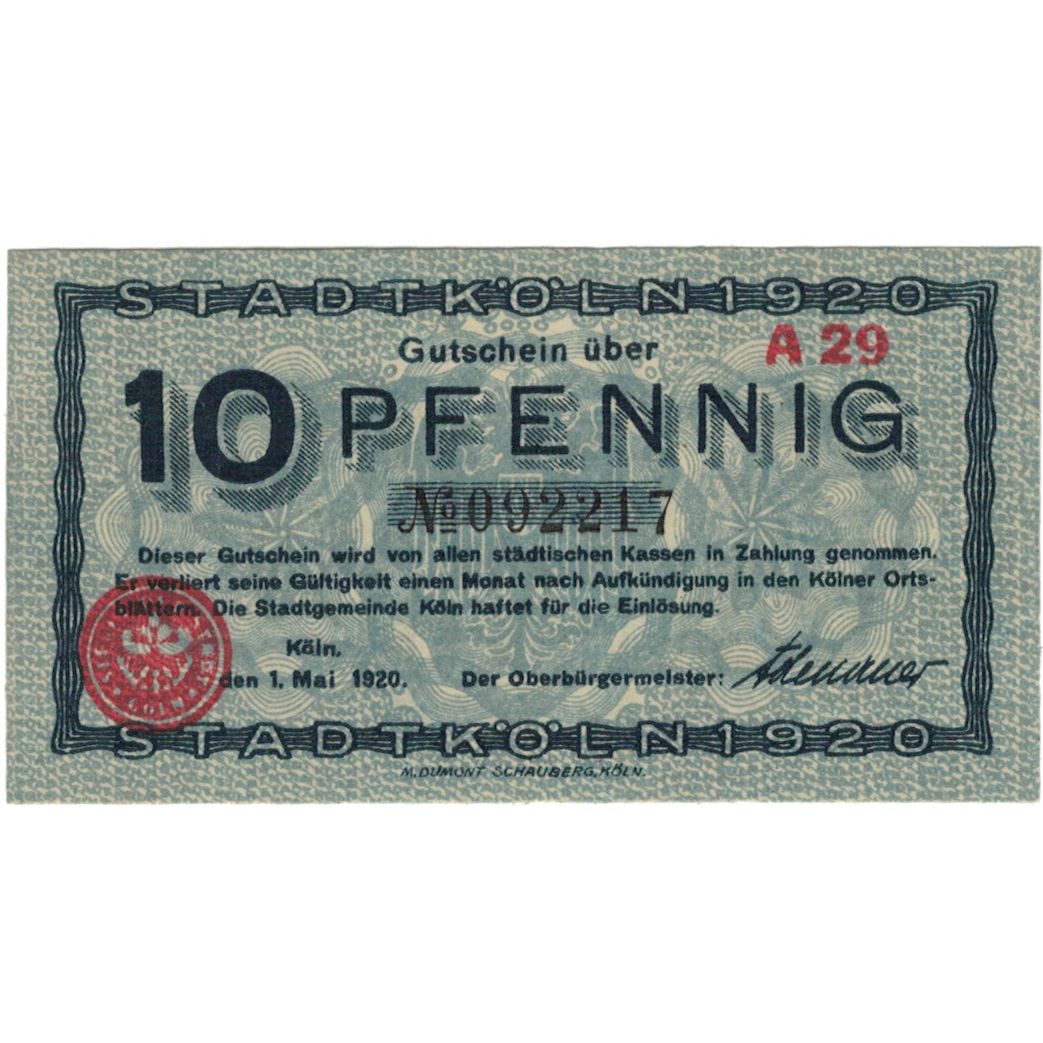 Banconote, Germania, Köln Stadt, 10 Pfennig, batiment 1, 1920, 1920-05-01