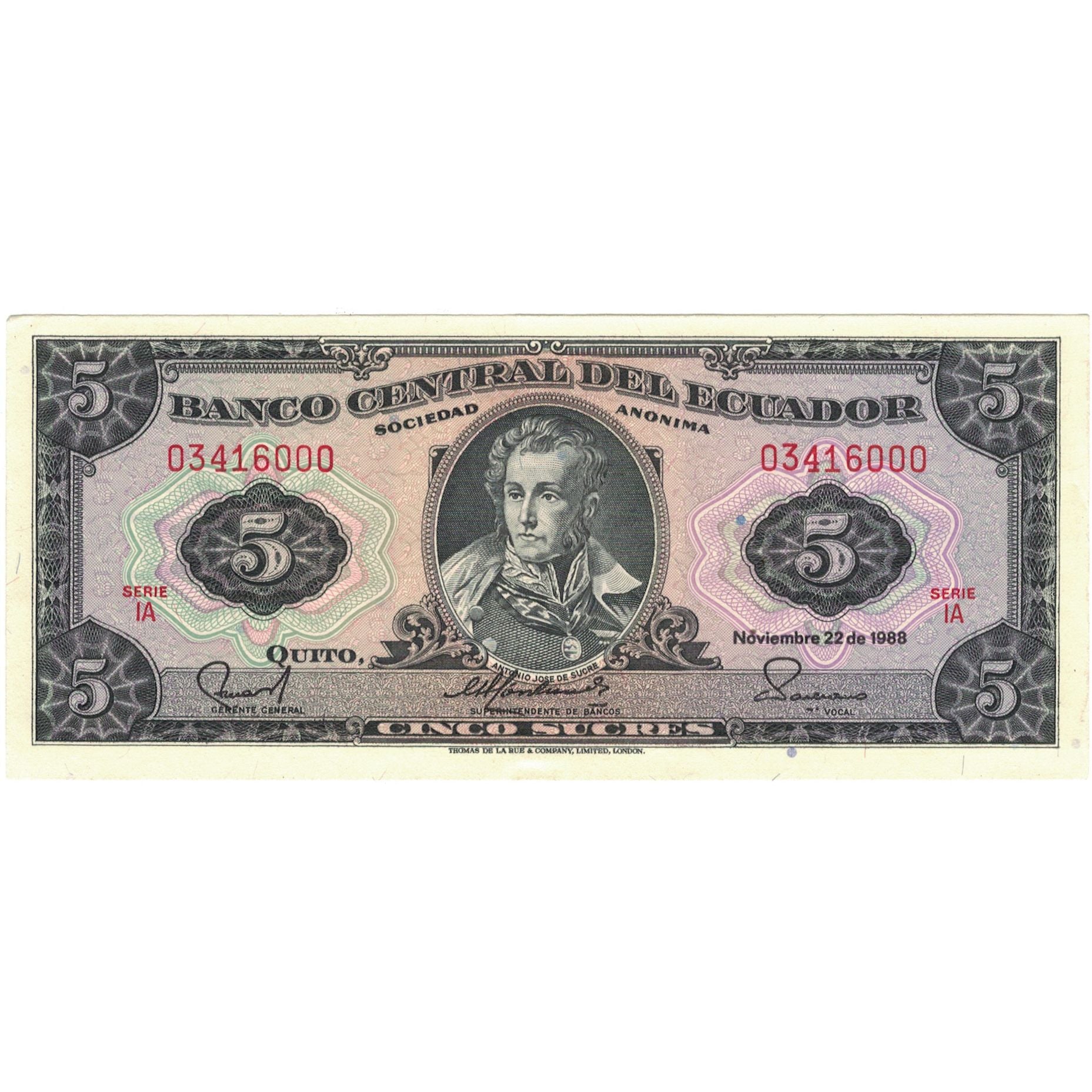 Banknote, Ecuador, 5 Sucres, 1988, 1988-11-22, KM:120A, UNC(64)