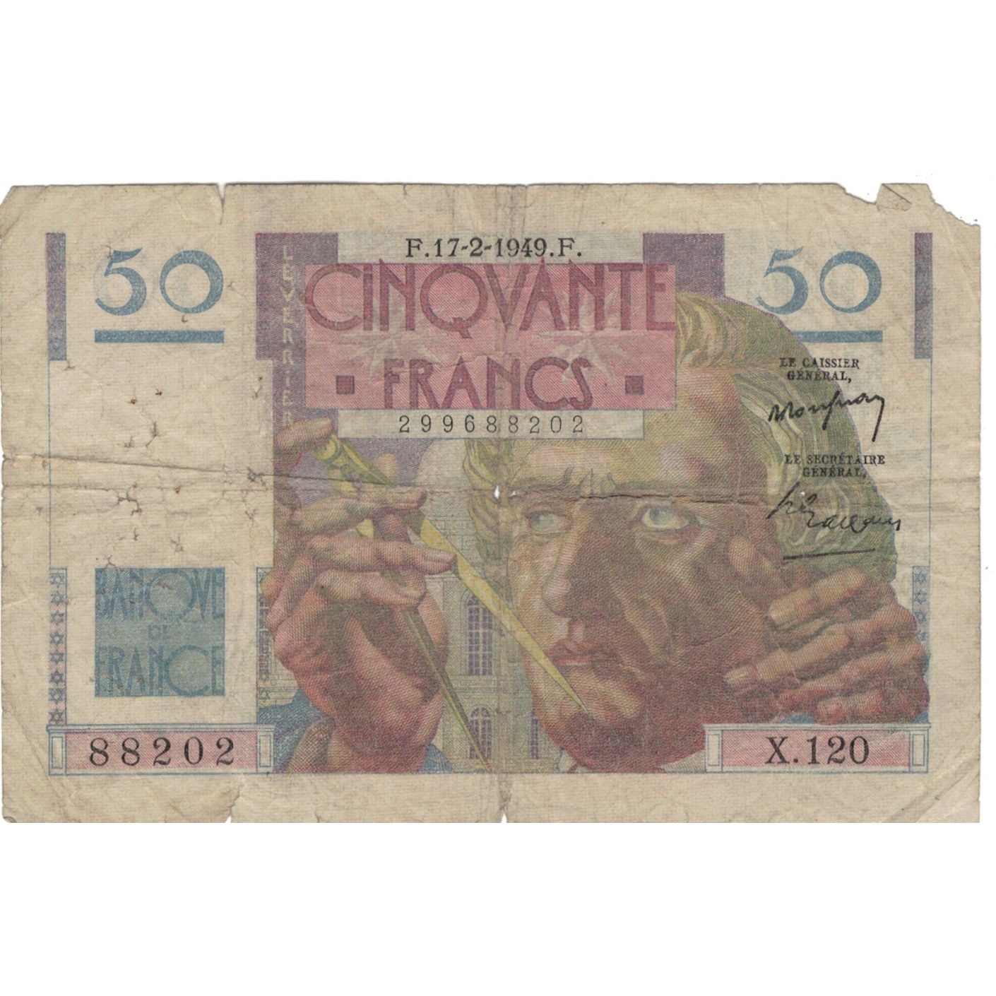 França, 50 Francs, Le Verrier, 1949, X.120, AG(1-3), Fayette:20.11, KM:127b