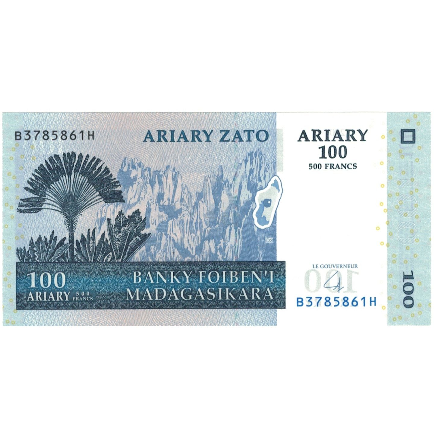 Banknote, Madagascar, 500 Francs = 100 Ariary, 2004, KM:86, UNC(65-70)