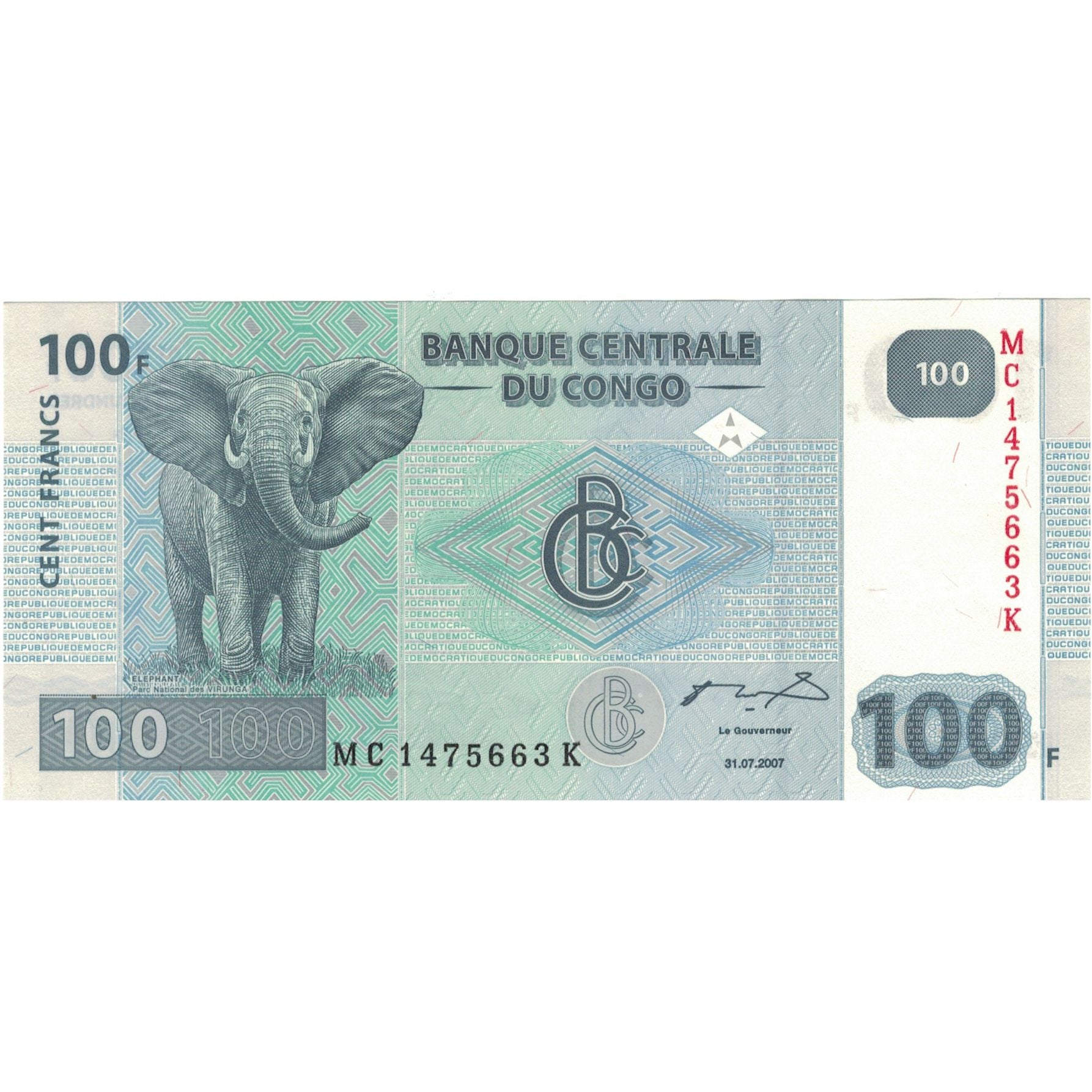 Billet, Congo Democratic Republic, 100 Francs, 2007, 2007-07-31, NEUF