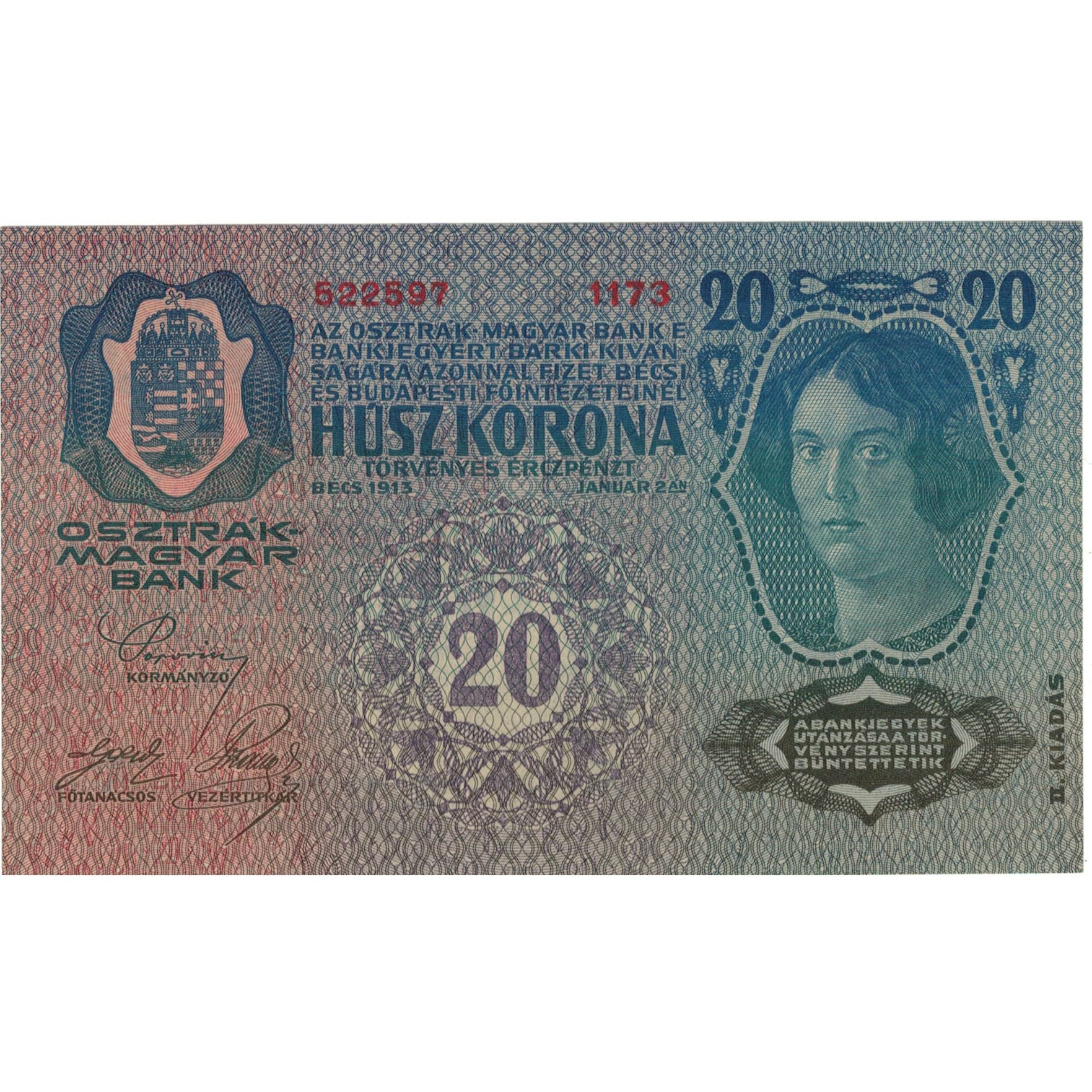 Banknote, Hungary, 20 Korona, 1913, 1913-01-02, KM:20, EF(40-45)
